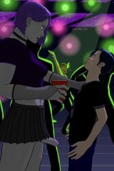 artist_upload circumcised_futa club clubbing dance_floor dancing futanari goth_boy goth_girl grey_skin holding_drink male orangeanvil public_exposure public_nudity purple_eyes purple_hair rave raven_(dc) shocked_expression skirt skirt_lift solo_cup starfire suprise_futanari suprised teen_titans watching_from_afar