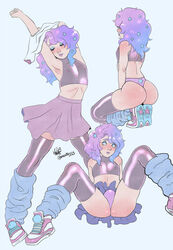 1boy 2018 ass blue_background blue_eyes blush bulge character_request crop_top femboy girly kneeling leg_warmers lipstick looking_at_viewer magnta midriff multicolored_hair original original_character pastel pose purple_lipstick shiny_clothes shirt_lift shoes signature skirt sneakers solo thighhighs