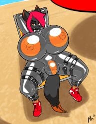 2026 absurd_res adidas anthro big_breasts black_body black_fur bodysuit breasts canid canine clothing collar fluffy fluffy_tail footwear fox fur genitals grey_body grey_fur gynomorph hair hi_res huge_breasts humanoid_genitalia humanoid_penis intersex latex latex_bodysuit latex_clothing latex_skinsuit lettuce_(artist) looking_at_viewer lying mammal multicolored_body multicolored_fur nipples null_bulge on_back orange_body orange_eyes orange_fur orange_nipples orange_penis penis red_clothing red_footwear red_hair red_shoes red_sneakers shoes skinsuit sneakers solo spiked_collar spikes tail thick_thighs tight_clothing translucent translucent_bodysuit translucent_latex