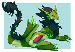 4_fingers balls claws emerald_dragon erection feral fingers furry genitals green_body green_hair hair hi_res male male_only mane neck_tuft retter sazandora_(artist) sharp_teeth simple_background solo teeth toes tuft