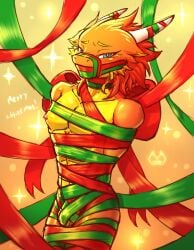 2_horns anthro arms_tied artist_logo blonde_eyebrows blue_eyes bondage bound cheek_tuft dragon english_text eyebrows eyelashes facial_tuft fully_bound fur furred_dragon furred_scalie gag gagged hair half-closed_eyes hands_behind_back hi_res holidays horn legs_tied logo looking_at_viewer male moire_(moire_dragon) moire_dragon muffled multicolored_body multicolored_fur mummification muscular muscular_anthro muscular_male mythological_creature mythological_scalie mythology narrowed_eyes nipples nude nude_anthro nude_male orange_body orange_fur orange_hair orange_scales pecs pink_nipples restrained restraints ribbon_bondage ribbons scales scalie simple_background solo standing submissive submissive_anthro submissive_male text tuft wingless_dragon yellow_body yellow_fur yellow_scales