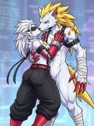 ai_generated bandaged_arm digimon digimon_(species) digimon_beatbreak digimon_rearise filmon furry furry_only garbage god_awful grey_fur height_difference kissing mechanical_arm mechanical_arms white_fur wolvermon yellow_hair