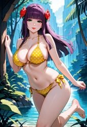 loretta_lecarde castlevania castlevania:_portrait_of_ruin bikini yellow_bikini pale_skin pale-skinned_female ai_generated 1girls purple_hair blue_eyes flower flower_in_hair long_hair red_lipstick red_lips jungle outdoors smile looking_at_viewer smiling_at_viewer large_breasts breasts