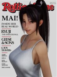 1girls 3d 3d_(artwork) brown_hair english_text fatal_fury female female_focus female_only king_of_fighters large_breasts magazine magazine_cover mai_shiranui parody ponytail self_upload sideboob smile smiling smiling_at_viewer street_fighter_6 tank_top text white_clothing