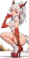 1girls ai_generated arched_back arknights arm_support ass bottomless braid covered_nipples crop_top dragon_girl dragon_horns dragon_tail earrings female finger_in_mouth half-closed_eyes head_tilt high_heels horns index_finger_raised leg_tattoo long_hair looking_at_viewer mascara molamaxuy naughty_face nian_(arknights) perfect_body pointy_ears purple_eyes red_footwear red_hands see-through sexy sexy_pose short_sleeves side_view simple_background skinny slutty_female small_breasts socks solo squatting streaked_hair t-shirt tail two-tone_hair white_background white_hair white_shirt white_socks