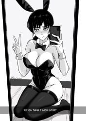 1girls 2d 2d_(artwork) animal_ears black_and_white bunny_ears bunny_girl bunnysuit chainsaw_man detatched_collar female female_focus female_only gato_gratam greyscale holding_object kneeling leotard mirror mitaka_asa monochrome no_color playboy_bunny rabbit_ears reflection sitting solo solo_female solo_focus thighhighs wrist_cuffs