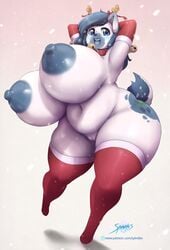 1girls anthro armpits big_ass big_breasts blue_eyes blue_fur blue_hair cervine chubby cute furry huge_ass patreon reindeer reindeer_costume spindles tagme text thick_thighs url watermark white_background white_fur wide_hips