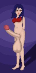 blue_hair bra erect female futanari huge_cock huge_testicles pixel_art red_eyes solo standing