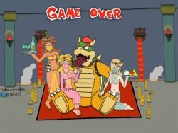 artist_name artist_signature artist_website barefoot belly belly_dancer belly_dancer_outfit bluesky_username blush bowser carpet castle disgusted embarrassed game_over harem harem_outfit interior_background lava lipstick mario_(series) nipples_visible_through_clothing open_mouth platter princess_daisy princess_peach princess_rosalina slave slave_girl smiling smoke
