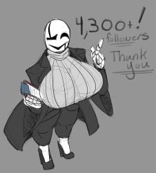 big_breasts black_high_heels black_pants breasts clipboard fem_gaster female female_only gaster grey_background grey_sweater high_heels khiartz pants rule_63 solo solo_female sweater tagme text turtleneck turtleneck_sweater undertale undertale_(series)