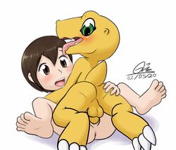 1boy 1girls agumon anthro anthro_penetrating anthro_penetrating_human anus balls barefoot digimon digimon_(species) digimon_adventure digiphilia duo feet female female_human female_on_anthro gatomonlover genitals hikari_yagami human human_on_anthro human_penetrated interspecies male male_anthro mammal penetration penis pussy soles straight toes vaginal_penetration