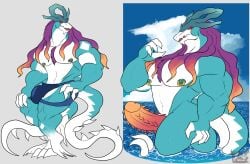 2026 2_tails ancient_pokemon anthro areola barazoku biceps big_bulge big_muscles big_pecs blue_areola blue_body blue_clothing blue_nipples blue_thong blue_underwear body_hair bulge chest_hair claws clothing cloud daikuhiroshiama diamond_(marking) erection fangs generation_9_pokemon genitals gold_(metal) gold_piercing gradient_penis hair head_crest hi_res long_hair looking_at_viewer male markings multi_tail multicolored_penis multiple_poses muscular muscular_anthro muscular_arms muscular_legs muscular_male navel nintendo nipple_piercing nipples orange_hair_tips orange_penis paradox_pokemon pecs penis piercing pokemon pokemon_(species) pose pupils purple_hair red_eyes slit_pupils solo spiked_penis spiked_tail spikes spikes_(anatomy) standing tail tail_markings teeth thick_thighs thong toe_claws triceps underwear walking_wake water white_body white_markings yellow_sclera