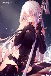 1girls android big_breasts blue_eyes breasts clothed female female_only gloves japanese_sword katana long_hair looking_at_viewer mitsu_art nier nier:_automata purple_eyes sitting solo solo_female solo_focus sword thighhighs tight_clothing weapon white_hair yorha_a2