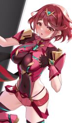 1girls aqua_gemstone backlighting breasts clothing_cutout earrings female female_only floating_earrings gem highres hip_vent jewelry large_breasts matrix16 pyra pyra_(xenoblade) red_eyes red_hair short_hair xenoblade_(series) xenoblade_chronicles_2