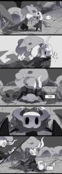 2025 2_horns 6_panel_comic ambiguous_fluids anthro arthropod between_arms between_legs big_dom_small_sub black_body black_eyes bodily_fluids bottomless breath broken_vessel_(hollow_knight) chinese_text cloak clothed clothing cobblestone comic digital_media_(artwork) dominant dripping_fluid duo exclamation_point female female/female first_person_view genital_fluids grass grey_background grey_cloak grey_clothing grey_eyes heart_symbol hi_res hollow_knight_(franchise) horn incest_(lore) infected_(species) insects kneeling leg_glider_position looking_at_another lost_kin_(hollow_knight) nonbinary_(lore) on_one_knee oxide_cat pinned pinned_to_ground plant question_mark questionable_consent raised_leg sex shaded shaking shoulder_grab sibling_incest simple_background simple_shading size_difference slime sword_on_ground team_cherry tears text the_knight_(hollow_knight) translation_request tremble_lines trembling tribadism vaginal_fluids vaginal_penetration vessel_(species) white_head