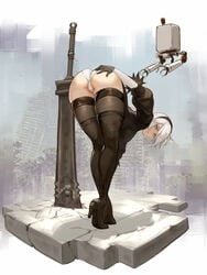 1girls android azto_dio big_ass big_breasts blue_eyes bob_cut female female_only floating from_behind full_body high_heel_boots high_heels looking_back nier:_automata nier_(series) planted_sword pod_(nier) short_hair solo solo_female solo_focus stockings thick_thighs thighhighs yorha_2b