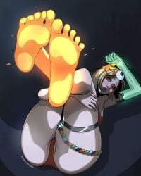 2d 2d_(artwork) 2d_artwork black_sclera blonde_hair feet feet_focus feet_together feet_up female glowing_feet green_eyes heterochromatic_eyes heterochromatic_pupils heterochromia pale-skinned_female pale_skin red_iris solo zuwudraws