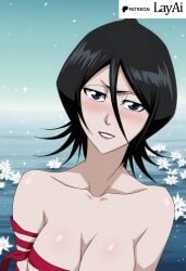 4k absurd_res ai_generated black_hair bleach blush body_ribbon female female_only gift high_res ice kuchiki_rukia layai_(artist) moonlight naked_ribbon nude pale_skin purple_eyes red_ribbon ribbon_wrapping rukia_kuchiki seductive short_hair small_breasts snow stable_diffusion uncensored valentine's_day