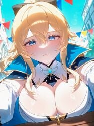 1girl ai_generated alternate_breast_size alternate_costume bare_shoulders black_bow black_cape blonde_hair blue_hair blue_sky blush bodice bow breast_focus breasts brown_eyes building bustier cape city cleavage close-up closed_mouth collared_cape corset cosplay day detached_collar detached_sleeves embarrassed female_pov fisheye flag from_below frown genshin_impact gloves hair_between_eyes hair_bow hair_ribbon half-closed_eyes high_collar high_ponytail jean_(genshin_impact) jewelry kabedon large_breasts light_blue_hair long_hair long_sleeves looking_at_viewer looking_down medium_hair ministro outdoors outstretched_arms pale_skin pennant ponytail pov reaching reaching_towards_viewer ribbon self_upload shirt sidelocks sky solo strapless strapless_shirt string_of_flags sweat sweatdrop table upper_body white_shirt yellow_eyes
