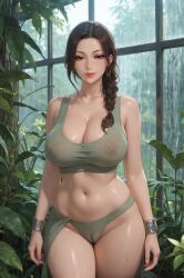 ai_generated brunette_hair cameltoe crop_top female gardener greenhouse hair_over_one_breast hair_strand hoop_earrings large_breasts leaves low_tied_hair milf nature_background nipples_visible_through_clothing outdoor_background panties plant raining rgomez007 sarong_aside seductive_smile single_braid solo_female stable_diffusion standing_position tank_top thick_lips thick_thighs wet_clothes wide_hips window worker wrist_cuffs