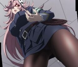 1girls breasts clothing high-rise_invasion kusakabe_yayoi large_breasts looking_at_viewer looking_down panties pink_hair screencap stitched tenkuu_shinpan thick_thighs thighs yayoi_kusakabe