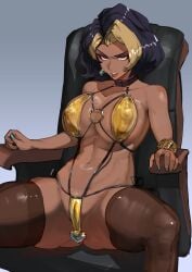 1girl abs absurdres anal anal_object_insertion anally_anchored_clothing arm_rest armchair black_hair black_thighhighs blonde_hair blonde_streaks blue_nails breasts butt_plug buttplug cameltoe chair cleavage collarbone dark-skinned_female dark_skin domina earrings gold_bracer gold_slingshot_swimsuit highres jewel_buttplug jewelry large_breasts mole mole_on_breast multicolored_hair nail_polish navel o-ring o-ring_one-piece_swimsuit object_insertion on_chair overwatch partially_visible_vulva princess_plug reborns sex_toy short_hair simple_background single_bracer sitting slingshot_swimsuit solo spread_legs stomach streaked_hair swimsuit swivel_chair thighhighs thighs toned toned_female two-tone_hair vaira_singhania white_background yellow_slingshot_swimsuit