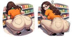1female 1girls ai_generated ass ass_focus based_on_a_real_person big_ass bouncing_ass bouncing_breasts breasts brown_hair butt_focus cashier confused curvy edit edited employee employee_uniform faceless faceless_character faceless_female fat_ass female fisheye flare_pants glasses long_hair looking_at_viewer looking_back no_face perchance_ai perspective pov real_life_insert real_person round_glasses shaking shaking_ass sneakers supermarket supermarket_background thick_thighs thight_clothing viewed_from_above viewed_from_behind voluptuous_female