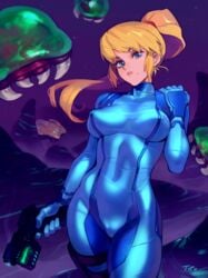 1girls big_breasts bodysuit breasts cameltoe cleavage female female_only firearm handgun human large_breasts legwear looking_at_viewer metroid metroid_(creature) mole nintendo nipples_visible_through_clothing optionaltypo pale_skin samus_aran shiny_clothes solo_focus weapon zero_suit zero_suit_samus