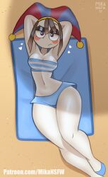 1girls artist_name artist_signature beach beach_towel breasts brown_hair clown_girl clown_makeup curvy_female curvy_figure glitch_productions heart hips jester_girl jester_hat laying_down mikansfw pomni_(beach_outfit) pomni_(the_amazing_digital_circus) solo solo_female swimsuit the_amazing_digital_circus thick_thighs thighs
