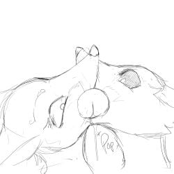 akitokit anthro bandai_namco black_sclera bodily_fluids crossover cum digimon digimon_(species) erection eyelashes female genital_fluids genitals glans group hi_res kissing kyubi_(yo-kai_watch) level-5 male male/female onomatopoeia penis penis_in_mouth penis_kissing renamon saliva sex sound_effects surprised text trio yo-kai_watch