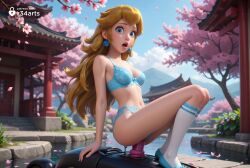 1girls ai_generated architecture arm_support artist_name bare_arms bare_shoulders blonde_hair blue_bra blue_eyes blue_footwear blue_panties blue_sky bow_bra bra breasts cherry_blossoms cleavage clothing_aside cloud day dildo dildo_in_pussy dildo_insertion dildo_riding earrings east_asian_architecture eyelashes female female_masturbation full_body hi_res jewelry kneehighs lace_trim legs_together lingerie lipgloss lips long_hair looking_at_viewer mario_(series) masturbation medium_breasts mountain nail_polish navel nintendo nose object_insertion open_mouth outdoors panties panties_aside petals pink_lips princess_peach r34arts sex_toy shoes sitting sky socks solo sphere_earrings stomach stone_lantern super_mario_bros. tree underwear underwear_only vaginal_insertion vaginal_masturbation vaginal_object_insertion vaginal_penetration water white_socks
