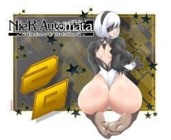 1girls ass ass_bigger_than_head ass_focus behind_view big_ass blindfold breasts exposed_back feet feet_in_stockings gloves huge_ass large_breasts leotard long_sleeves looking_at_viewer looking_back nier:_automata nipple_bulge pale_skin redmike_draws sitting_on_knees soles solo_female stockings white_hair yorha_2b