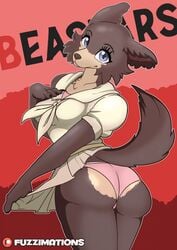 anthro beastars blue_eyes breasts brown_body brown_fur brown_nose canid canine canis claws clothed clothing detailed_background female fluffy fluffy_tail fur fuzzimations hi_res humanoid juno_(beastars) looking_at_viewer mammal netflix panties pink_clothing solo underwear watermark white_clothing wolf