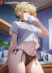 1girls ai_generated belly_button big_ass big_breasts big_butt big_thighs black_panties blonde_female blonde_hair drinking evelyn_chevalier exposed_midriff female female_focus female_only holding_object hoyoverse kitchen light-skinned_female light_skin looking_at_viewer lunealter mature_female mihoyo morning multicolored_eyes partially_clothed sfw short_shirt thick_ass thick_butt thick_hips thick_legs thick_thighs white_shirt without_panties zenless_zone_zero