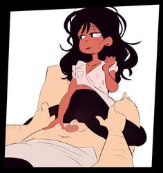 black_hair blush bottomless clothed cowgirl_position crotch_rub dark_skin hand_on_thigh hazel_(seconds) messy_hair midriff partial_male penis plunging_neckline rubbing seconds_(comic) thesquiddycipher