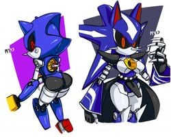 2girls female female_only looking_at_viewer looking_back marthedog metal_sonic metal_sonique neo_metal_sonic pointy_ears red_eyes robot robot_girl rule_63 small_ass small_breasts sonic_(series) sonic_the_hedgehog_(series) tagme