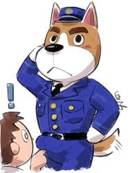 ! 3:4 41raco animal_crossing anthro black_eyes black_nose blush bodily_fluids boop brown_body brown_fur bulge canid canine canis clothing copper_(animal_crossing) domestic_dog duo erection erection_under_clothing eyebrows fur gesture hat headgear headwear hi_res human kirupi male male/male male_only mammal multicolored_body multicolored_fur necktie nervous nintendo poking poking_out police police_uniform salute shirako signature simple_background sweat sweatdrop tailwag thick_eyebrows touching_penis two_tone_body two_tone_fur uniform video_games villager_(animal_crossing) white_body white_fur