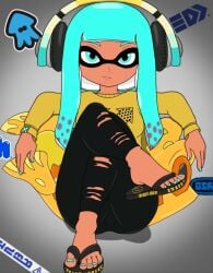 azurestar blue_eyes blue_hair blue_nail_polish cameltoe cerulean_(azurestar) dark_skin feet female flip_flops foot_focus footwear headgear headphones headwear inkling inkling_girl legs looking_at_viewer nail_polish nintendo open_toe_shoes ripped_clothing sandals soles splatoon toes torn_clothes