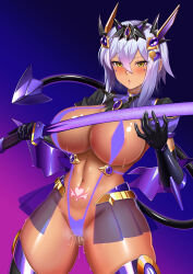1girl absurdres areola_slip bare_shoulders black_tail blue_hair blush borrowed_character breasts commentary_request commission corruption cowboy_shot cropped_jacket dark-skinned_female dark_skin elekshaal_(calpish) gauntlets glowing glowing_tattoo green_eyes harold_japan headgear heart_maebari henshin highres holding holding_sword holding_weapon large_breasts maebari original pubic_tattoo_visible_through_clothes purple_background pussy_juice short_hair simple_background skeb_commission slingshot_swimsuit smile solo swimsuit sword tattoo weapon