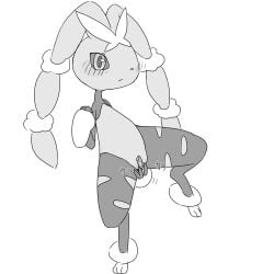 1:1 2025 3_fingers anthro band-aid band-aid_on_genitals band-aid_on_pussy bandage black_sclera blush blush_lines digital_media_(artwork) female fingers greyscale hi_res hurai_of_kaki japanese_text leg_markings looking_at_viewer markings mega_evolution mega_lopunny monochrome nintendo on_one_leg onomatopoeia pokemon pokemon_(species) scratching simple_background socks_(marking) solo sound_effects standing text translated unavailable_at_source white_background