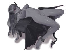 1girls angry barefoot bondage breasts breasts_apart broken_horn clenched_teeth demon_girl female greyscale highres horns long_hair looking_at_viewer lying navel nipples nude on_back original pink_eyes restrained roctis_tray rope solo spot_color spread_legs tail wings