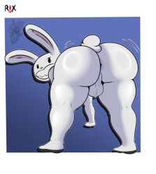 2026 all_fours anthro anus ass backsack balls big_butt blue_background digital_drawing_(artwork) digital_media_(artwork) digitigrade emanata english_description fur genitals hi_res lagomorph leporid long_ears looking_back male mammal max_(sam_and_max) perineum pink_anus rabbit rear_view rixtry_oficial sam_and_max simple_background small_tail smile solo tail thick_thighs white_body white_fur