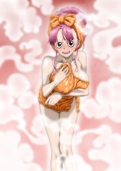 1girls big_breasts big_eyes female female_only long_hair nel-zel_formula nipples nipples_visible_through_clothing one_piece perona pink_hair shower solo solo_female solo_focus stream towel wet