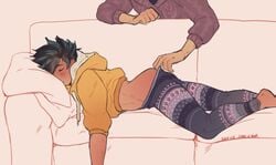 2boys couch gay izuku_midoriya leggings male male_only my_hero_academia sleeping spacenipnops tenya_iida uncensored undressing yaoi