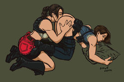 2girls anilingus ass boots bra breasts brown_hair butt claire_redfield exposed_breasts female female/female female_only hands_on_ass jill_valentine jill_valentine_(sasha_zotova) mostly_clothed multiple_girls on_all_fours on_knees oral oral_sex resident_evil resident_evil_2 resident_evil_3 rimjob rimming sex smutcorn yuri