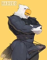 2020 absurd_res animal_crossing anthro apollo_(animal_crossing) avian erection furry genitals haduko1 hi_res male male_only muscular muscular_male navel nintendo pecs penis simple_background standing video_games