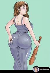 1girls ass ass_grab back brown_hair female from_behind huge_ass huge_breasts long_hair looking_back mature milf musician oh!nice original original_character sideboob smiling text url violin watermark