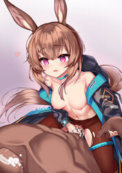 1boy 1girl 1girls amiya_(arknights) arknights assertive bangs black_legwear blue_choker blush breasts brown_hair bunny_ears check_commentary choker clenched_teeth clothed_female_nude_male clothed_sex collarbone commentary_request cowgirl_position cum cum_in_mouth dark-skinned_male donkey_ears donkey_girl ehart eyebrows_visible_through_hair female foaming_at_the_mouth glowing glowing_eyes gradient gradient_background guided_penetration heart holding_hand implied_rape jacket jewelry long_hair long_sleeves looking_at_another multiple_rings navel nipples nude off_shoulder open_clothes open_jacket open_mouth pantyhose pink_eyes ponytail ring sex sidelocks slit_pupils small_breasts smile straddling straight teeth thumb_ring torn_clothes torn_legwear very_long_hair