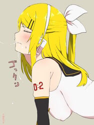 blonde_hair breasts closed_eyes closed_mouth cum cum_in_mouth cumdrip drinking female gloves hair_ribbon highres kagamine_rin large_breasts long_hair nipples nishikino_kee onomatopoeia project_diva_(series) ribbon sailor_collar solo vocaloid