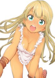 1girls alessandra_susu apron apron_only bending_over bent_over blonde_hair blue_eyes breasts collarbone dark-skinned_female dark_skin female gyaru kazuo_daisuke long_hair looking_at_viewer medium_breasts naked nude nude_female open_mouth slippers smiling smiling_at_viewer solo solo_female tan tan_skin tanline tanlines tanned tokyo_7th_sisters white_background